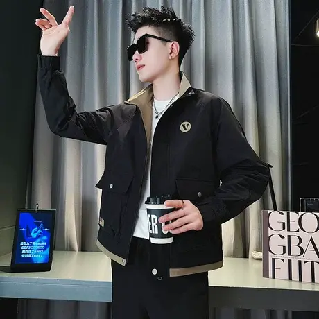 潮牌拼接假两件工装口袋夹克男春季休闲时尚立领褂子潮男百搭外套商品大图