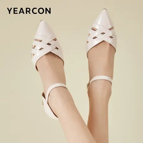 意尔康女鞋夏季包头凉鞋粗跟高跟尖头外穿法式仙女风一字式扣带图片