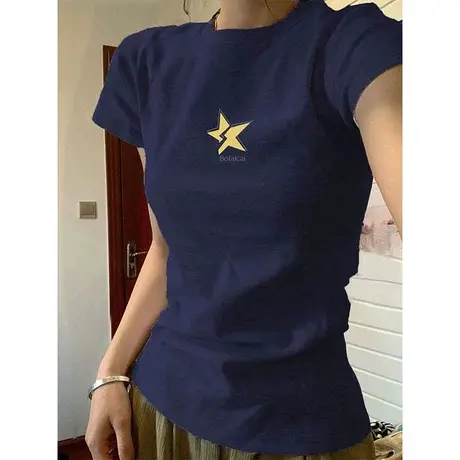 正肩短袖t恤女修身夏季美式复古港风chic辣妹设计感小众独特上衣商品大图