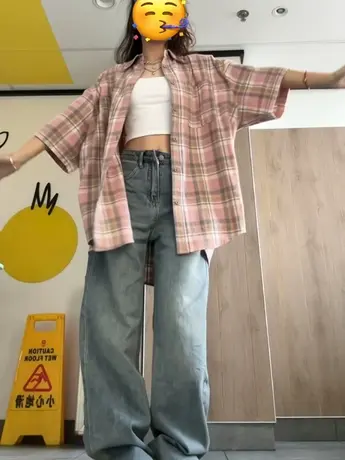 格子短袖衬衫女夏季薄款外搭小众设计感港风chic宽松半袖体恤上衣商品大图