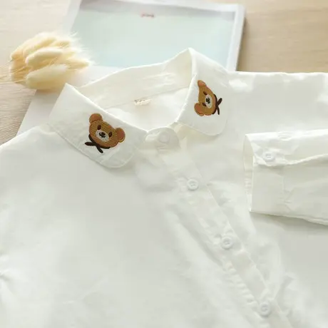 春秋韩版文艺小清新卡通刺绣娃娃领长袖白衬衫女学生宽松打底上衣商品大图