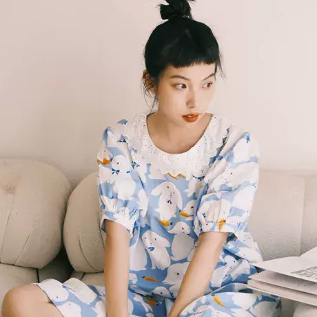 双层纱布 睡裙日系大白兔女夏季纯棉纱布睡衣圆领短袖裙子商品大图