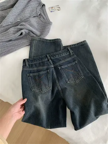 复古蓝高腰阔腿牛仔裤女春秋新款宽松显瘦垂感y慵懒直筒拖地长裤图片