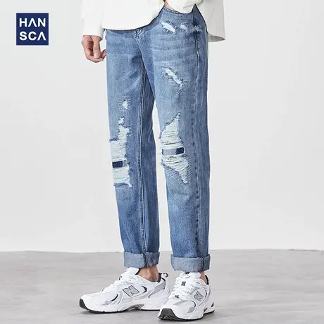 汉斯卡2021秋季新款破洞补丁牛仔裤男潮牌高街直筒裤子男韩版潮流商品大图