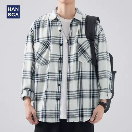 hansca青少年格子衬衫男春季新款翻领痞帅纯棉长袖设计感衬衣外套商品大图