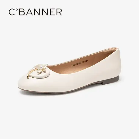 千百度舒适羊皮平底鞋女2024年春季新款浅口单鞋休闲软底白色鞋子商品大图