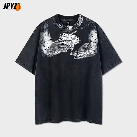 夏季潮牌短袖t恤男美式高街涂鸦印花上衣纯棉重磅休闲落肩五分袖商品大图