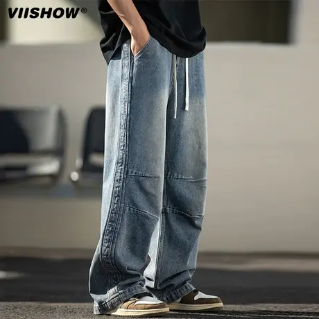 VIISHOW做旧牛仔裤男2024年春夏新款双褶工装长裤日系复古牛仔裤商品大图