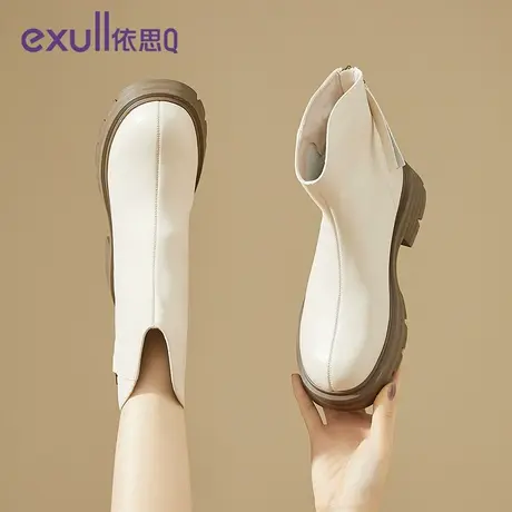 依思Q真皮短靴子女2023年新款冬季粗跟马丁靴高跟后拉链瘦瘦靴女图片