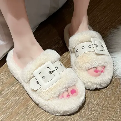 2024女款棉鞋外穿加厚毛绒新款高级感棉拖冬季网红一字拖保暖增高图片