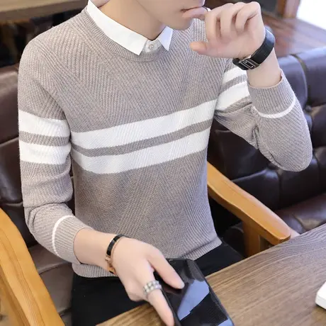 衬衫领毛衣男韩版带领针织衫男士潮流假两件个性打底上衣秋冬线衣图片