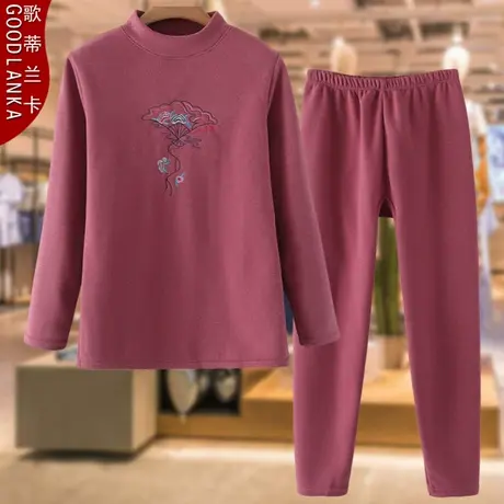 中老年保暖内衣套装加肥加大码女妈妈加厚加绒弹力绣花德绒两件套商品大图