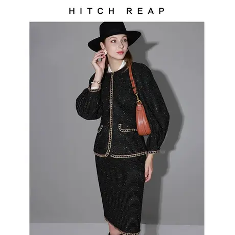 希区瑞普高端时尚职业套装女2023新款秋冬小香风金色镶边气质修身图片