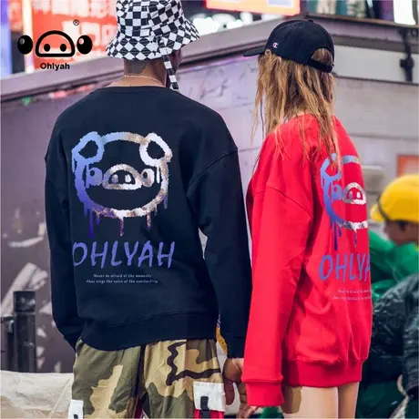 Ohlyah日系潮牌ins宽松简约基础款圆领卫衣女情侣百搭纯色长袖T恤商品大图