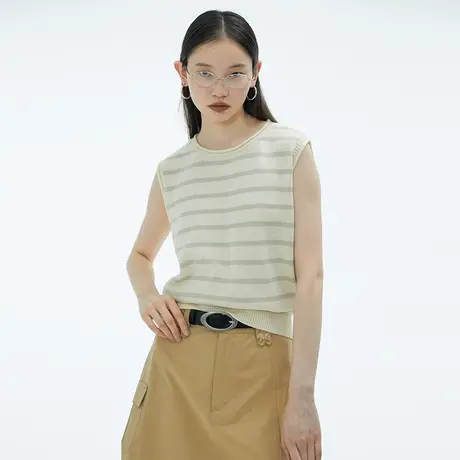 omont蛋挞家 复古条纹针织背心女百搭叠穿宽松毛衣马甲初秋装上衣图片