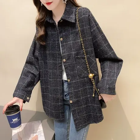 港味复古条纹格子衬衫女士春秋韩版外套宽松厚衬衣2023年新款百搭图片