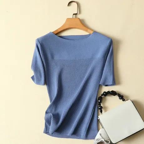 冰丝打底衫短袖女t恤夏装2023新款修身圆领短款针织衫薄款上衣女商品大图