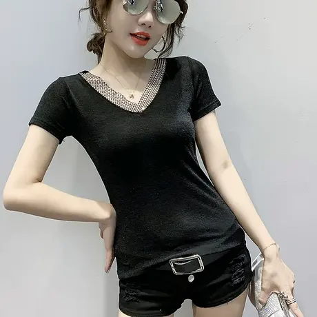 短袖女2023新款夏装时尚V领T恤女ins潮烫钻拼接洋气上衣百搭小衫商品大图