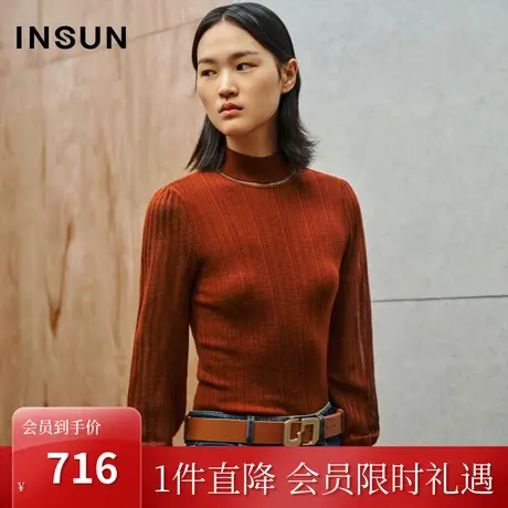 恩裳2023秋季新款修身半高领羊毛针织衫优雅灯笼袖上衣女商品大图