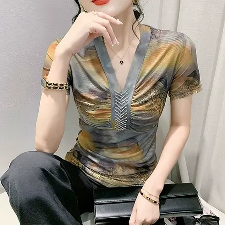 欧货性感网纱T恤女短袖时尚洋气扎染印花上衣钉珠V领修身小衫夏装商品大图