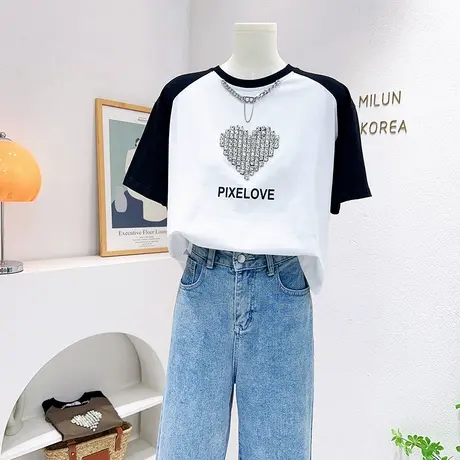 2023夏季款重工爱心镶钻项链拼色短袖上衣欧货洋气时髦别致小个子商品大图