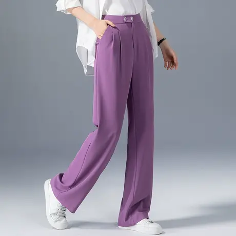 紫色裤子冰丝阔腿裤女夏季薄款2023新款拖地长裤休闲裤窄版直筒裤商品大图
