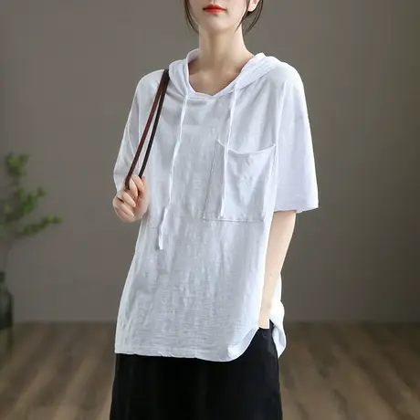 dza 纯棉白色连帽短袖t恤女士2022夏季新薄款带帽子上衣宽松体恤商品大图