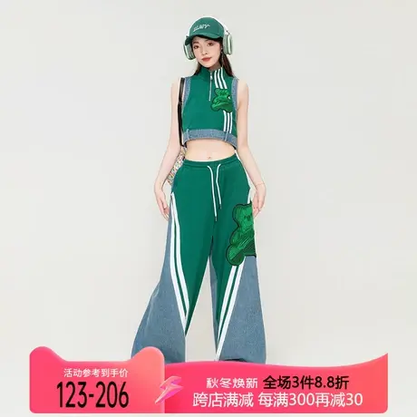 美式街头运动休闲两件套装女早秋穿搭辣妹无袖短外套+拼色牛仔裤图片