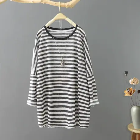 2023春季新款文艺范条纹长袖圆领T恤女装宽松套头打底上衣体恤衫图片