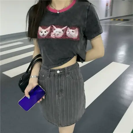 美式复古短袖t恤女夏季宽松韩版ins设计感小众别致短款辣妹上衣服商品大图