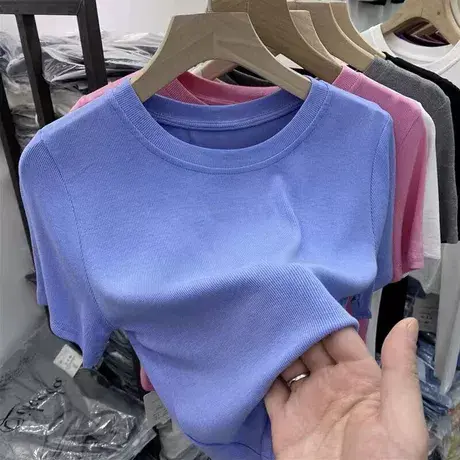 欧货短袖t恤女圆领夏季2023年新款蓝色打底衫小个子螺纹纯色上衣商品大图