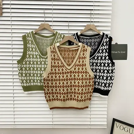 早秋季2020新款韩版复古港味v领宽松无袖针织衫马甲背心外套女潮图片