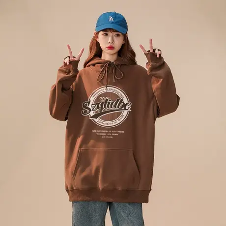 oversize美式复古连帽卫衣女秋冬加绒加厚潮牌设计感宽松大码外套商品大图