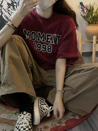 复古街头风t恤女美式别致酒红色大码短袖oversize纯棉ins潮上衣夏商品大图