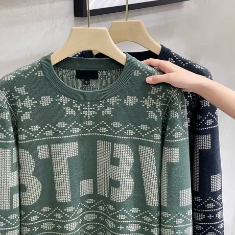 圆领厚款毛衣男个性痞帅提花针织衫秋冬季宽松潮流保暖毛衫打底衫商品大图