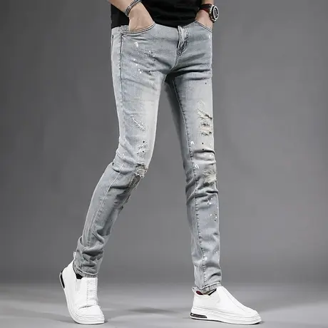 美式高街破洞牛仔裤男2023夏季新款修身小脚潮牌个性男士薄款长裤图片