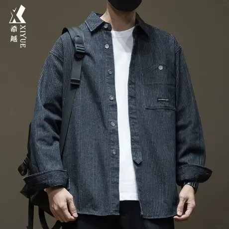 日系条纹提花牛仔长袖衬衫男2023年秋冬新款宽松大码复古衬衣外套商品大图