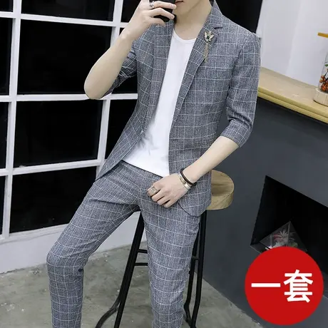 男士修身七分袖小西装潮流夜店发型师韩版格子九分裤帅气西服套装商品大图