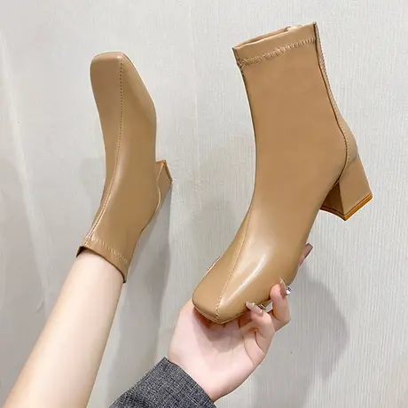 高跟方头小短靴女2023秋冬新款马丁靴小众粗跟设计感法式瘦瘦靴子商品大图