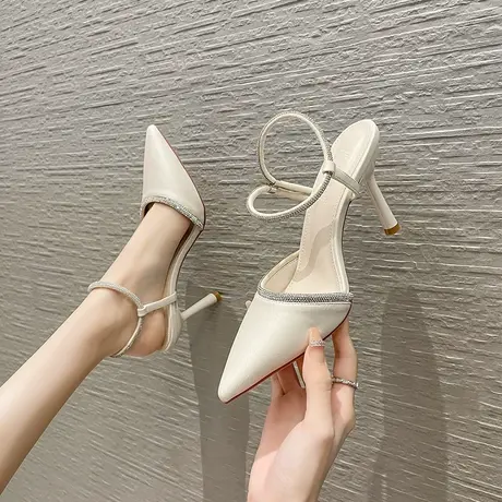 尖头水钻凉鞋女2023年夏季新款法式性感细跟高跟鞋一字带两穿单鞋商品大图