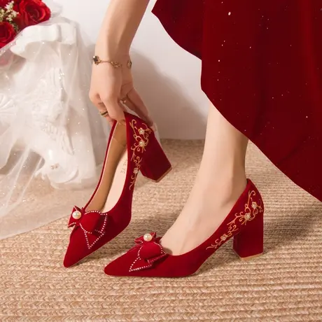 婚鞋新娘鞋红色高跟鞋女秋2023新款粗跟细跟敬酒中式秀禾服结婚鞋商品大图