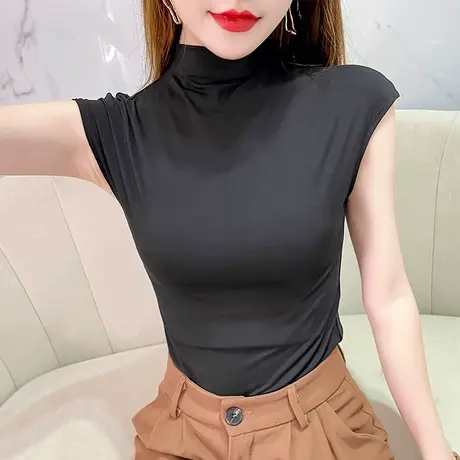 莫代半高领半袖t恤女黑色夏季显瘦百搭背心新款外穿打底上衣潮图片