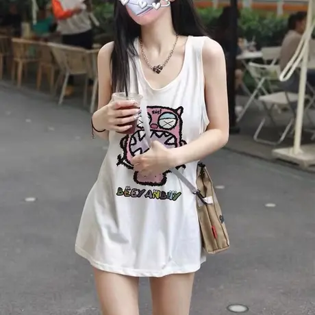 美式复古纯棉吊带运动坎肩背心无袖t恤女夏季外穿篮球服宽松上衣商品大图