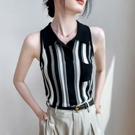 POLO领挂脖吊带背心女2023夏季新款条纹设计感美式翻领无袖上衣潮商品大图