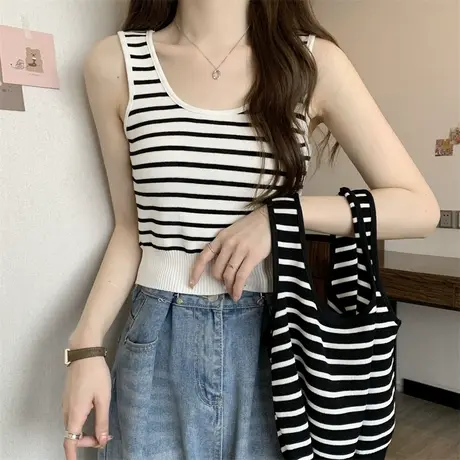条纹针织吊带女夏夏季内搭带胸垫法式小背心辣妹外穿美背短款上衣商品大图
