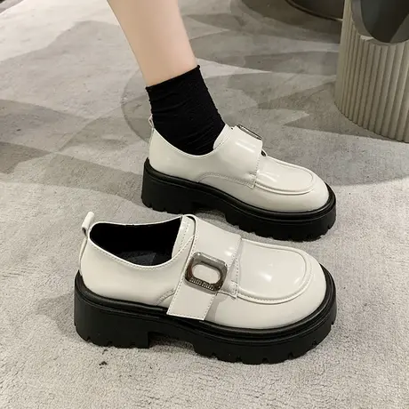 厚底乐福鞋女2024年春秋季新款日系魔术贴通勤单鞋粗跟高跟小皮鞋图片