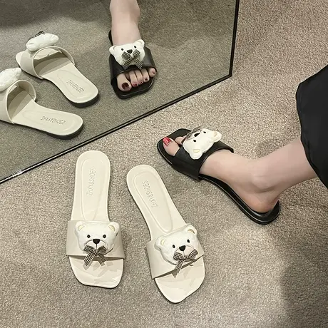 卡通领结熊凉拖鞋女夏外穿时尚新款网红海边度假沙滩百搭平底外出图片