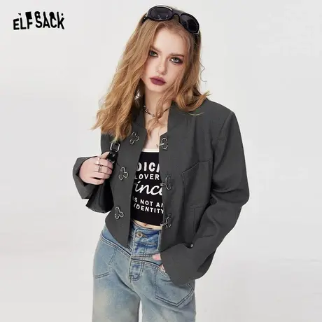 妖精的口袋灰色立领新中式西装外套女2024年早春新款高级感小西服图片