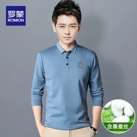 罗蒙含桑蚕丝长袖POLO衫男春秋季新款休闲时尚刺绣t男士T恤打底衫图片