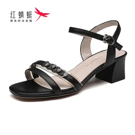 红蜻蜓女鞋女凉鞋夏款中跟水钻舒适软牛皮粗跟软底时尚百搭妈妈鞋商品大图